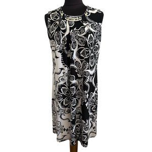 JM Collection, Black & White Print Sleeveless Dress With Silver Neckline Accent